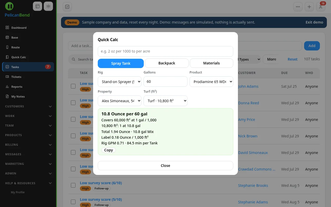 Quick Calc picking a property area (Demo company)